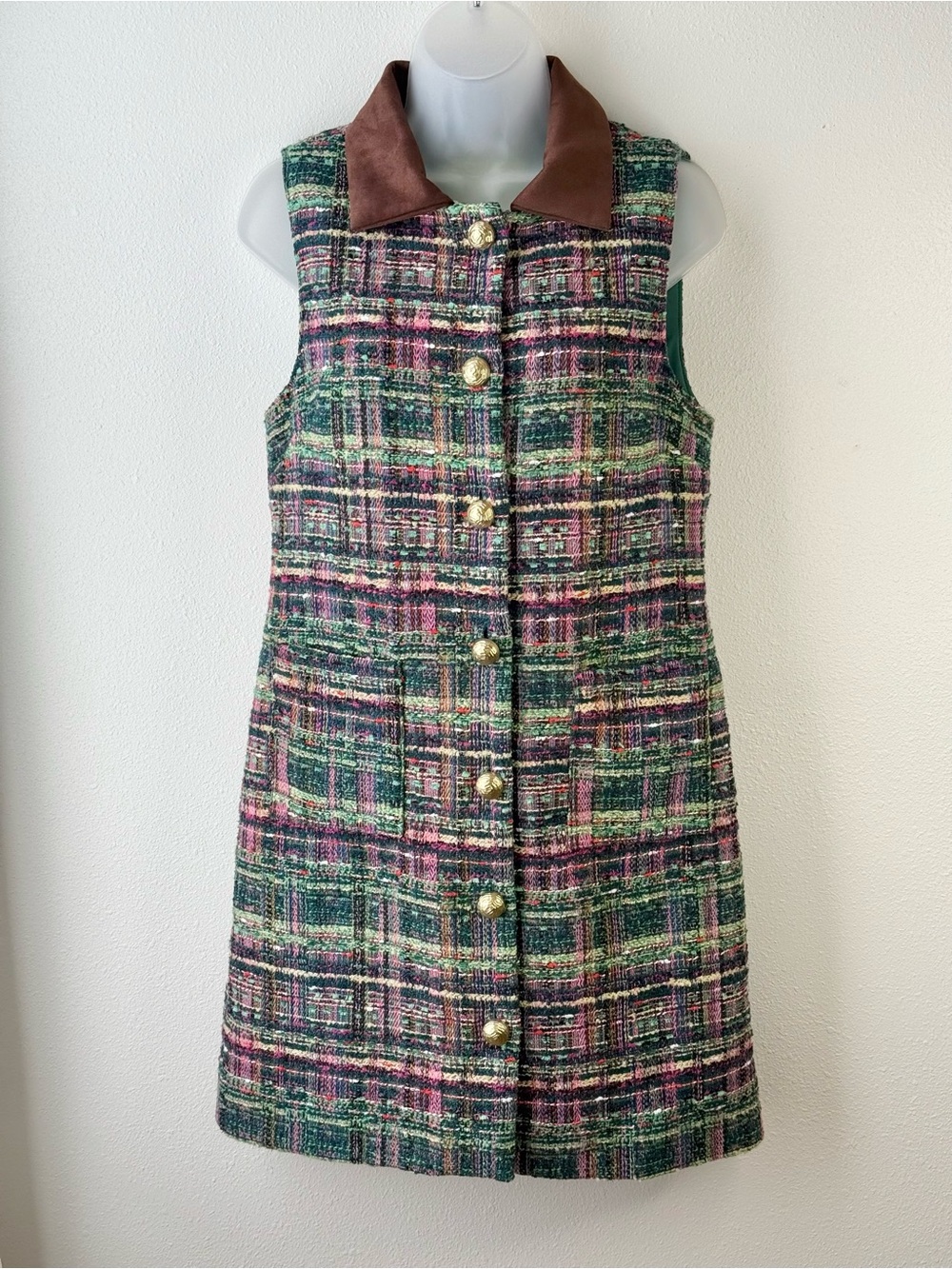 THML Green and Pink Tweed Sleeveless Mini Dress with Brown Collar